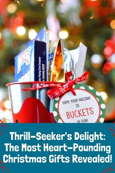 a bucket full of christmas gifts with the words thrift - seker's delight