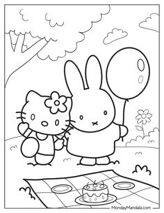 hello kitty and her bunny friend are playing with balloons in the park coloring page for kids