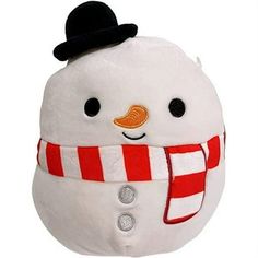 a white snowman with a red and white scarf on it's head is wearing a black hat