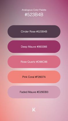 Analogous Color Palette Cinder Rose #523B4B · Deep Mauve #993366 · Rose Quartz #D96C86 · Pink Coral #F2837A · Faded Mauve #D29DB3 Analogous Color Palette, Cinder Rose, Analogous Color, Hex Color Palette, Soft Rose, Hex Colors, Pink Coral, Colour Palettes, Unique Colors