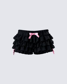 Ruffles are a pretty babe's best friend 🎀 Show off your carefree, playful self in these black ruffle shorts. Made from 100% cotton, and complete with a two-tone design, satin bow detailing, eyelet lace ruffle trim, and an elastic waistband, and leg opening 🖤 Coquette Shorts, Ruffle Shorts Outfit, Ruffle Skirt Outfit, Lace Bloomers, Rosette Dress, White Corset Dress, Ruffled Shorts, Create Account, Pretty Babe