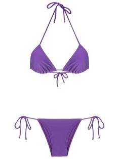 electric purple stretch-design triangle cup rear tie fastening side-tie bottoms Be mindful to try on swimwear over your own garments. Purple Bikinis, Sunday Kalogeras, Design Triangle, Purple Swimsuit, Electric Purple, Cute Pjs, Swimsuits Outfits, Be Mindful, Cute Bikinis