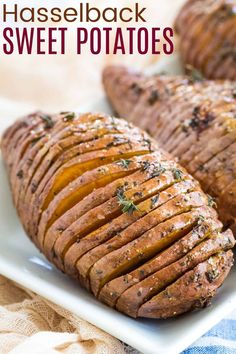 baked sweet potatoes on a white plate with text overlay that reads hasselback sweet potatoes