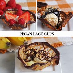 three pictures showing different types of ice creams and strawberries on a white plate