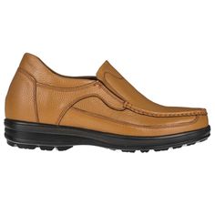 Slip On boat loafers. Moc-toe style. Pebble grain accent details. Hidden elastic-gore. Convenient lace-less design. Weight: 15 oz. *Based on 7.5 US. Actual weight varies.* Heel height: 1 1/2". Shaft height: 5 1/2". Elegantly stitched for extra durability and style. Casual style height increasing footwear. Durable built-in inner sole provides elevation while allowing adequate room for your foot. Get the height that you want unobtrusively. Full grain high quality leather upper. Synthetic rubberize Business Loafers With Vibram Sole And Moc Toe, Workwear Boat Shoes With Textured Sole And Moc Toe, Brown Moc Toe Dress Shoes With Rubber Sole, Brown Moc Toe Walking Shoes With Leather Footbed, Brown Slip-on Walking Shoes With Vibram Sole, Business Slip-on Moccasins With Vibram Sole, Formal Slip-on Moccasins With Vibram Sole, Brown Leather Loafers For Walking, Brown Slip-on Loafers For Walking