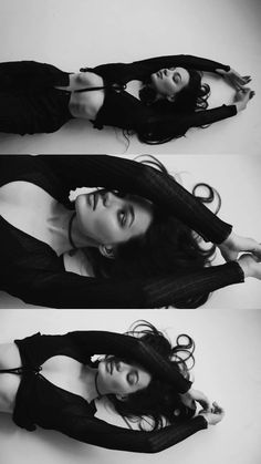 three photos of a woman with long hair and black clothes, posing for the camera