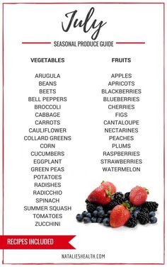 the ultimate guide to healthy fruits and vegetables for july, including strawberries, blackberries, blueberries, raspberries, watermelon