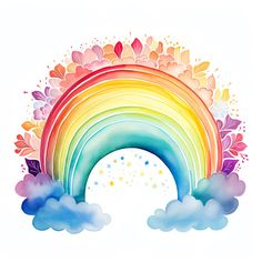 a rainbow with clouds and stars in the sky