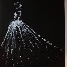 a black and white drawing of a woman in a dress with sparkles on it