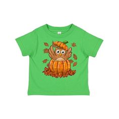 Owl in a Pumpkin- cute for Halloween and Thanksgiving Toddler T-Shirt. A toddler-soft cotton tee in look-at-me, big kid colors. 4.5 oz., 100% combed ringspun cotton. White is sewn with 100% cotton thread. Topstitched rib crew neck. Double-needle stitched sleeves and bottom hem. Shoulder-to-shoulder taping. Toddler T-Shirt. Size: 7.  Color: Green.  Gender: female. Cute Kids Thanksgiving Shirts, Thanksgiving Shirts Toddler, Thanksgiving Toddler, Kids Pumpkin Shirt, Thanksgiving Gifts, A Pumpkin, Cotton Thread, Toddler Gifts, Fall Fun