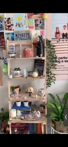 a book shelf filled with lots of books next to a wall covered in pictures and plants