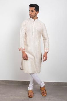 Shop for Arjan Dugal White Chanderi Silk Kurta Set for Men Online at Aza Fashions Silk Kurta Set, Kurta Set For Men, Embroidered Motifs, White Kurta, Silk Kurta, Luxury Sale, Churidar, Kurta Set, Silk Thread