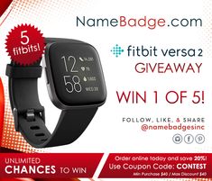 an advertisement for the fitbit versa2 giveaway is shown in red and white