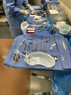 medical equipment on a blue table in a room