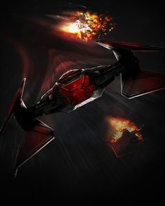 a red and black fighter jet with flames coming out of it's back end