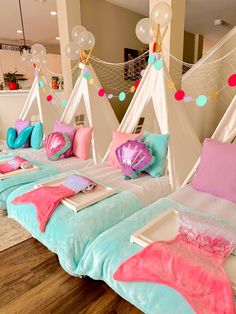 Sleepover Tent Glamping Small Business Mermaid Birthday Party Ideas in Charleston SC Birthday Bed, Teepee Birthday Party, Slumber Party Tents, Spa Sleepover Party, Glamping Business, Birthday Party Rentals, Unique Birthday Party Ideas, Mermaid Birthday Party Ideas, Sleepover Tents