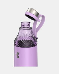 a purple water bottle with a silver lid