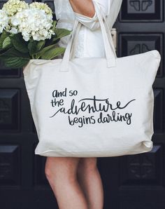 The Adventure Begins Cotton Canvas XL Tote Bag - GoGetGlam - 1 Canvas Tote Bag Ideas, Wallets Pattern, Tote Bag Ideas, Diy Wedding Gifts, Bag Ideas, And So The Adventure Begins, Zipper Top