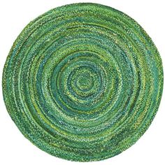 a round rug made out of green and blue yarn on top of a white background