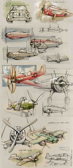 some drawings of airplanes and planes that are in different stages of being drawn on paper