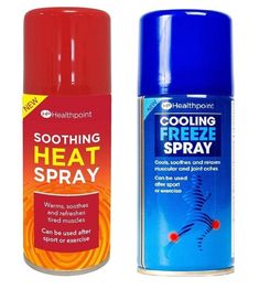 two different types of air freshener sprays on a white background, one blue and the other red