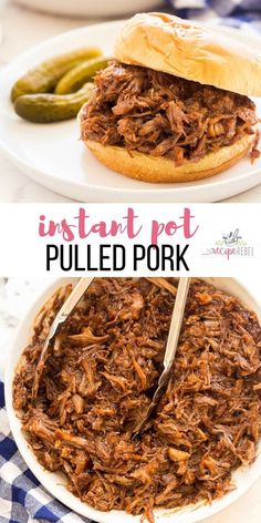 instant pot pulled pork in a white bowl with pickles on the side and an open bbq sandwich