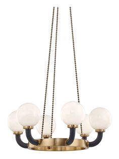 an antique brass chandelier with five glass globes hanging from the chain, on a white background