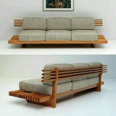 two pictures of a couch with wooden slats on the back and side, one in grey fabric