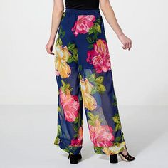 Colleen Lopez Short-Lined Chiffon Pant  Effortlessly elegant, this mixed media wide-leg pant is an elevated addition for every wardrobe. Maxi Length Bottoms For Spring Day Out, Spring Maxi Bottoms For Day Out, Maxi-length Floral Print Bottoms For Day Out, Maxi Length Floral Print Bottoms For Day Out, Trendy Maxi Length Bottoms For Spring, Trendy Maxi Bottoms For Spring, Spring Chiffon Bottoms With Stretch, Spring Chiffon Stretch Bottoms, Spring Stretch Chiffon Bottoms