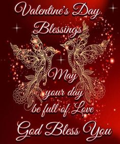 valentine's day greeting with two gold birds on red and white background, the words are