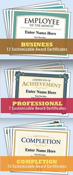 four certificates with different colors and designs for each employee's achievement, including the name