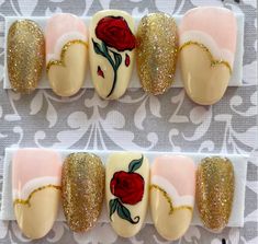 Belle Nails Disney, Belle Inspired Nails, Beauty And The Beast Nails, Belle Nails, Quince Nails, Beauty And The Beast Belle, Nails Press, Inspired Nails, Disney Nails