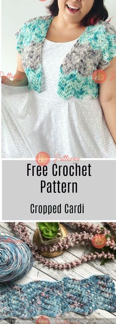 a woman wearing a crochet top and hat with text overlay that reads free crochet pattern cropped cardi