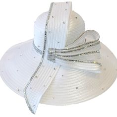 Introducing Our Exquisite Designer Couture Satin Ribbon Hat, Perfect For Church, Weddings, Or Any Special Occasion. With A Rounded Crown And A 6-Inch Down-Turned Brim, It's A True Showstopper. Adorned With A Stunning Satin Ribbon Bow And Rows Of Crystal Rhinestones, It Exudes Elegance. The Crown And Brim Are Embellished With Loose Crystal Stones. Available In Lavender, White, Champagne, Royal, Or Emerald. Features An Adjustable Sweatband For A Comfortable Fit. Elegant Rhinestone Hat For Spring, Elegant Summer Hats With Rhinestones, Elegant Wide Brim Hat With Rhinestones, Elegant Summer Bridal Accessories, Formal Fitted White Bridal Accessories, Elegant Adjustable Hat For Wedding, Fitted White Hats For Weddings, White Fitted Hat For Wedding, Elegant White Hat For Evening