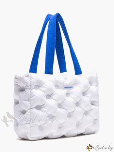 Bird in Bag - Winter Polka Dot Fold-Over Tote Bag - Blue for School and Age Capacity Blue Quilted Nylon Bags, White Nylon Bags With Double Handle, Trendy Blue Quilted Bag, White Packable Tote Bag, Blue Packable Tote Shoulder Bag, White Packable Bags For Daily Use, White Nylon Shopping Bag, Blue Quilted Shoulder Bag For Daily Use, Blue Quilted Bags For Daily Use