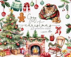 watercolor christmas clipart set with fireplace, stockings and presents for the holiday season