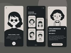 three mobile phone screens showing different types of people's avatars and the text choose hair style