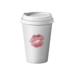 a white cup with pink lipstick on the side and a red lip print on it