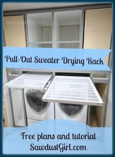 a washer and dryer in a room with the words pull out sweat drying rack