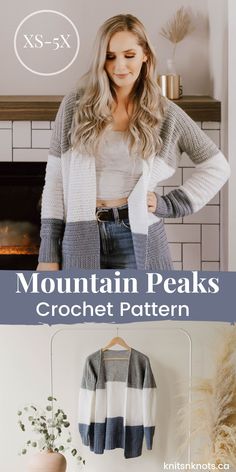 a woman standing in front of a fireplace with text overlay that reads mountain peaks crochet pattern