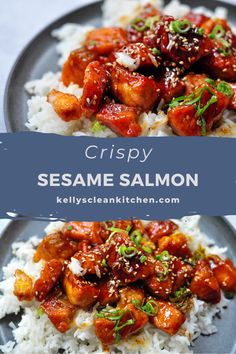 crispy sesame salmon served over white rice on a gray plate with a blue border