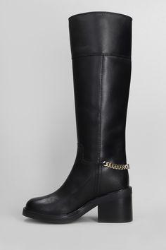 Carlisse Boot High heels boots in black leather, round toe, slip on, straight leg, gold chain, metallic logo, leather sole, 80 mm heel, 100% leather, Made in Vietnam Elegant Gold Boots With Metal Feet, Gold Leather Knee-high Boots For Fall, Leather Boots With Chain For Fall, Elegant Formal Boots With Chain Detail, Elegant Formal Boots With Chain, Trendy Gold Leather Boots, Elegant Formal Boots With Chain Strap, Leather Boots With Chain Strap And Round Toe, Michael Kors Elegant Leather Boots