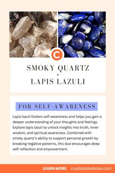 a flyer with the words smoky quartz lapis lazuli for self - awareness