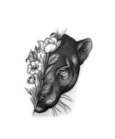 a black and white drawing of a cat with flowers on its head