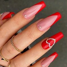 Valentine’s Day Coffin Nail Designs, Red French Nails Valentines, Red Long Nails Ideas, Pretty Red Acrylic Nails, Red Stylish Nails, Valentines Day Nails Red Tips, White With Red Tip Nails, Cute Red Nail Ideas Almond, Cute Red Nails Ideas