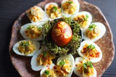 a plate with some deviled eggs on it