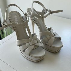 Ysl White Tribute Heels Pre-Loved Very Good Condition Apart From Scuff Marks. See Pics. Happy To Give More Information/Pics On Request Shoes Ysl, Yves Saint Laurent Shoes, Saint Laurent Shoes, Shoes Women Heels, Yves Saint Laurent, Saint Laurent, Shoes Heels, Women Shoes, Heels