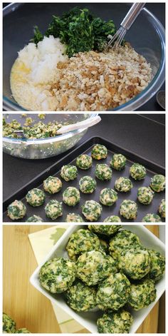 there are several different pictures of food in the same pan and one is filled with spinach