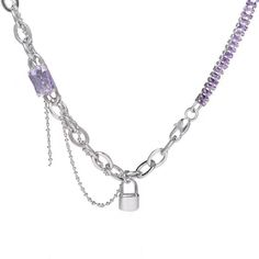 ✦ Embrace risk with this bold curb necklace, featuring purple baguette zircon, a half necklace, and a tassel chain. Make a statement with this unique accessory, perfect for those with an edgy and adventurous style. Complete any outfit with the lock pendant, adding a punk touch to your look. Don't be afraid to stand out at a cool costume party, the pink cz decoration will make you shine!----------- DETAILS ------------ Size (Length): 41.3cm- Color: Silver, Pink, Purple- Materials: Titanium, CZ- SKU: HN2502 Half Necklace, Lock Pendant, Y2k Necklace, A Punk, Basic Jewelry, Cz Necklace, Simple Girl, Don't Be Afraid, Stylish Jewelry