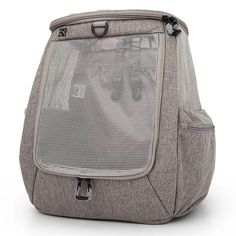 a grey backpack with a mesh front pocket